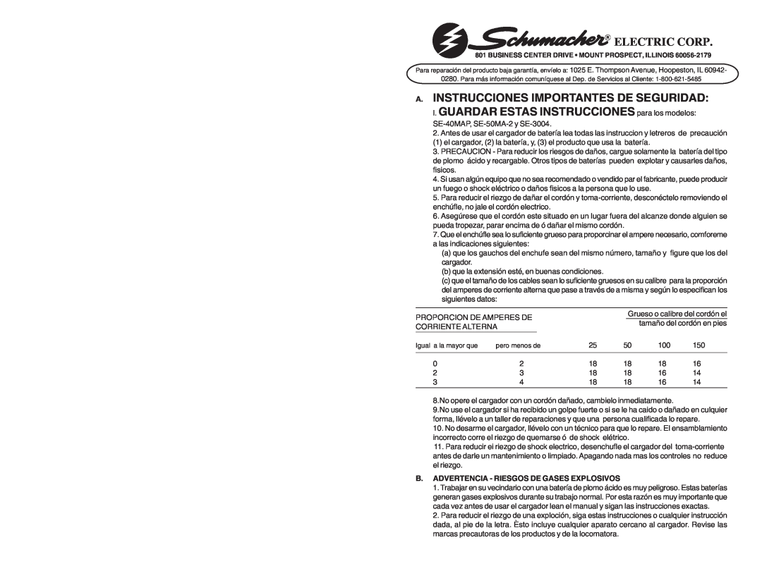 Schumacher SE-3004, SE-40MAP A. Instrucciones Importantes De Seguridad, l. GUARDAR ESTAS INSTRUCCIONES para los modelos 