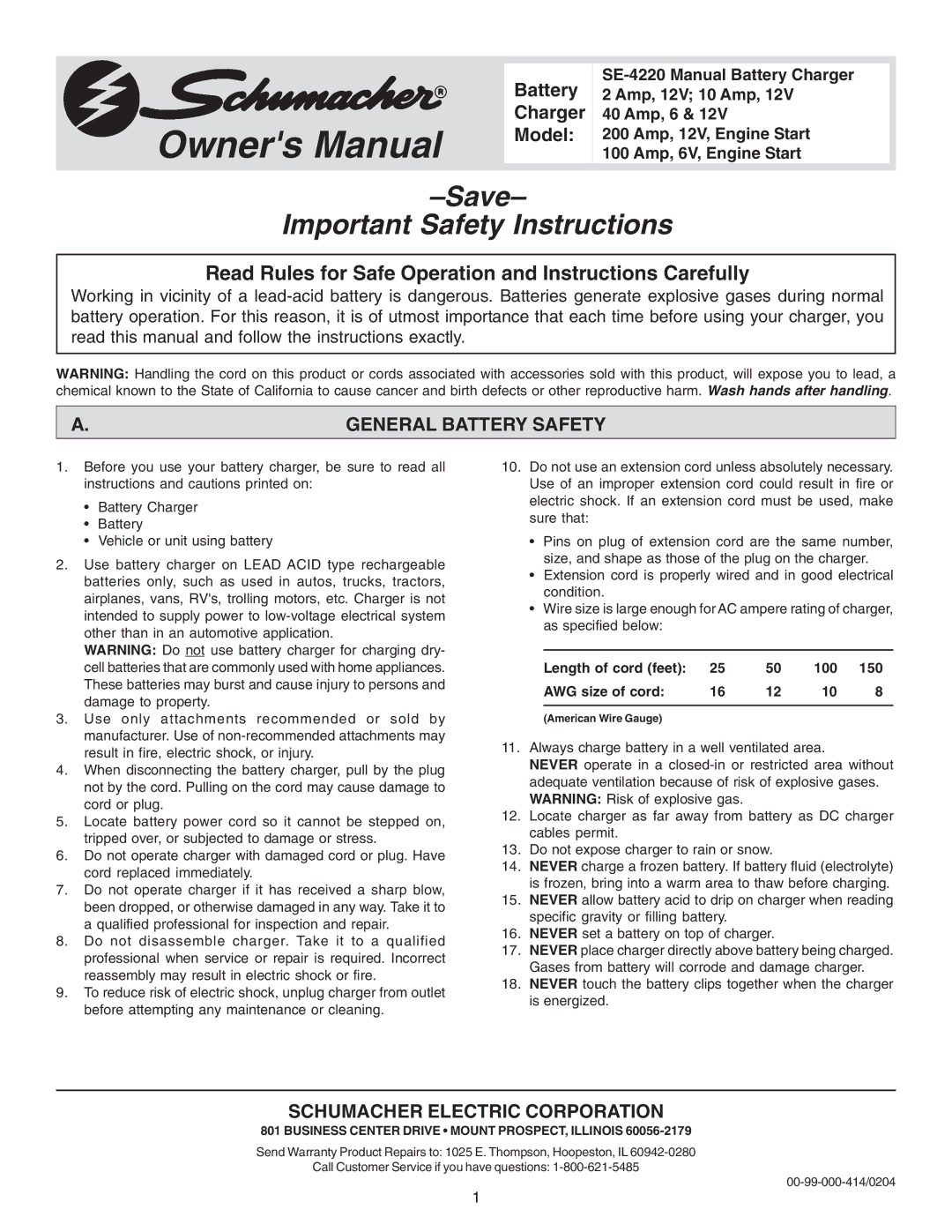 Schumacher SE-4220 owner manual General Battery Safety, Schumacher Electric Corporation 