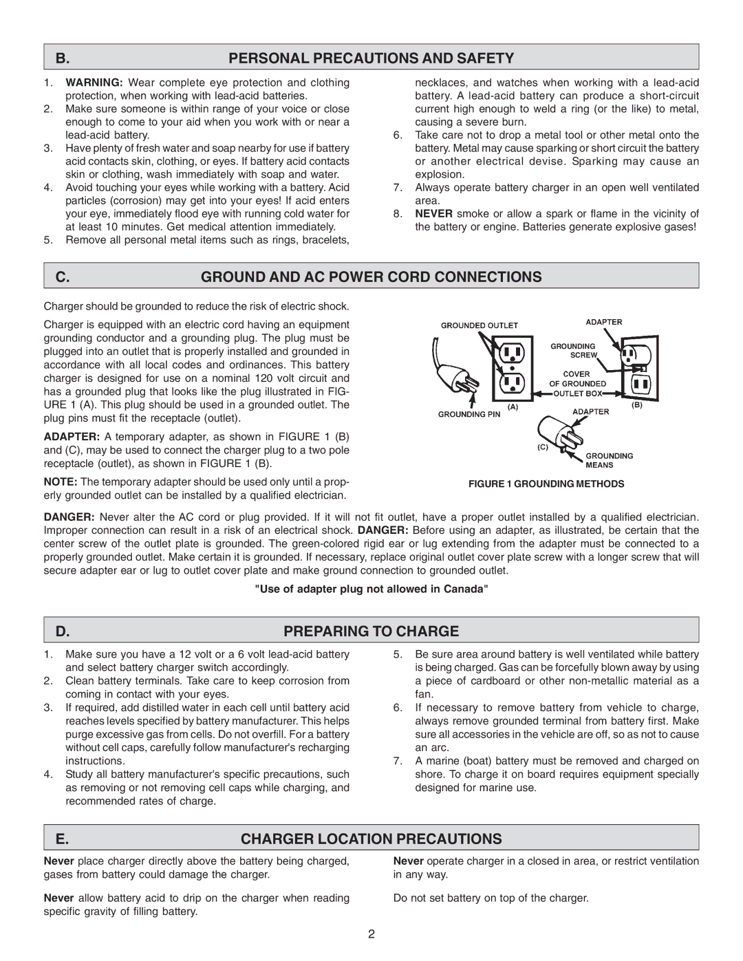 Schumacher SE-4220 owner manual Personal Precautions and Safety, Ground and AC Power Cord Connections, Preparing to Charge 