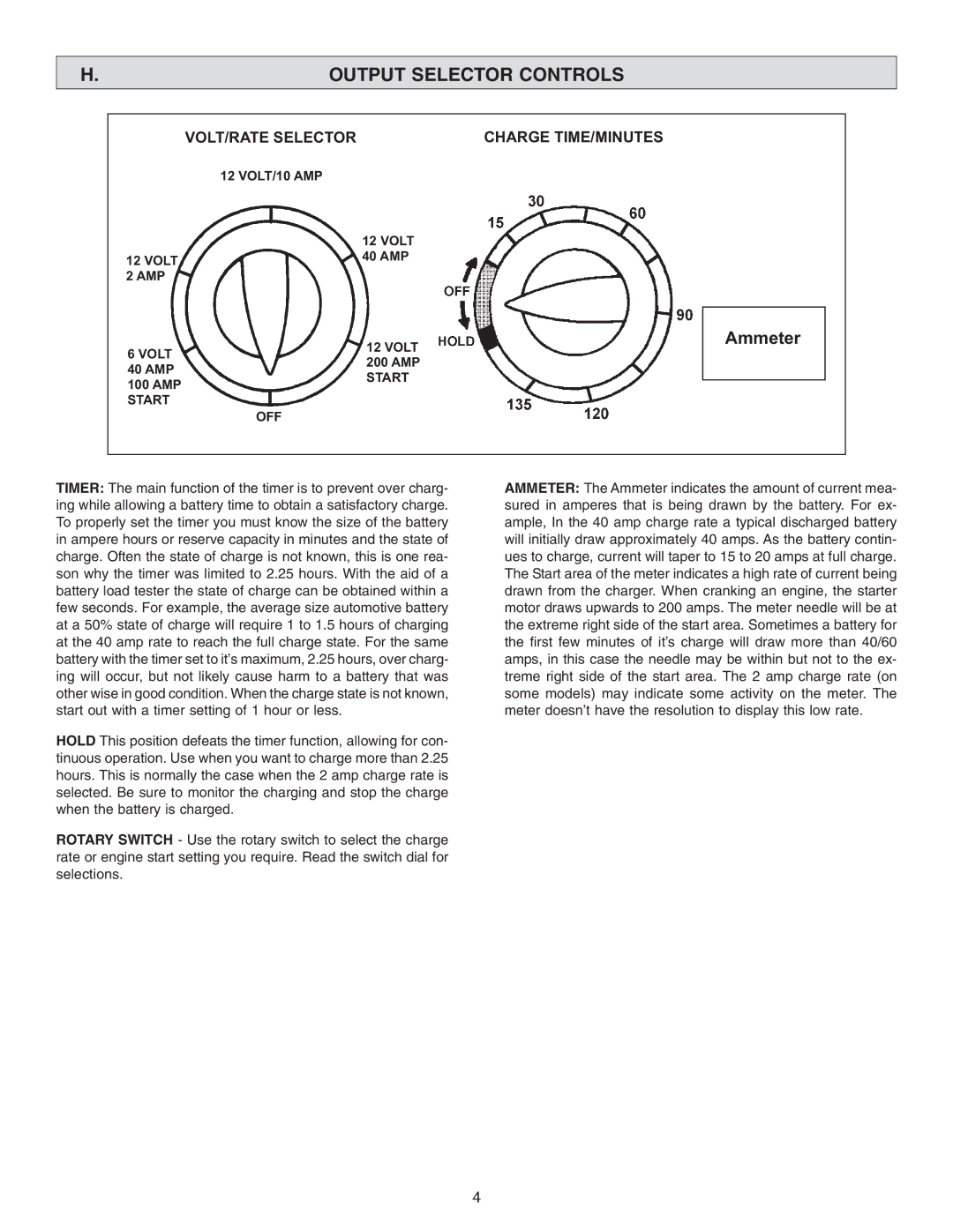 Schumacher SE-4220 owner manual Output Selector Controls, AMP Volt, Start OFF 