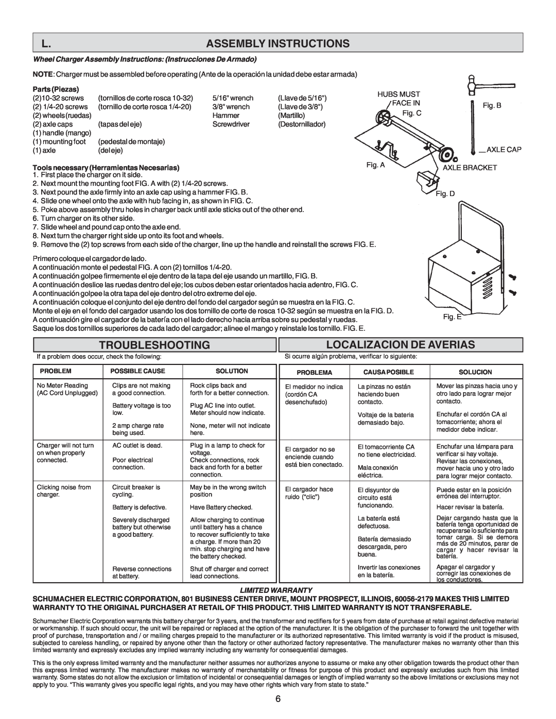 Schumacher SE-4220 Assembly Instructions, Troubleshooting, Localizacion De Averias, Parts Piezas, Limited Warranty 