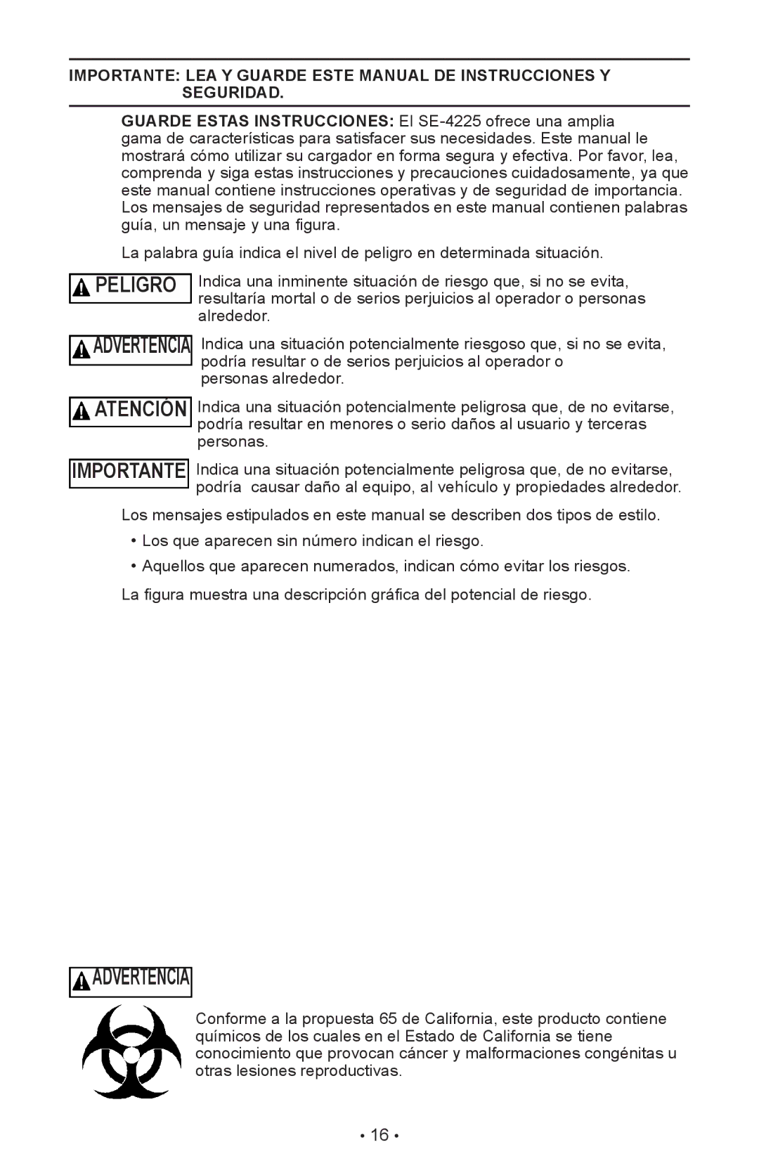 Schumacher SE-4225 owner manual Advertencia 