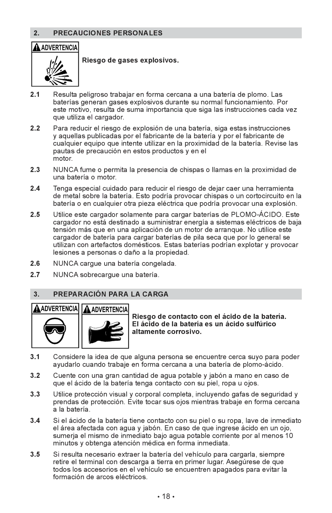 Schumacher SE-4225 owner manual Precauciones Personales, Riesgo de gases explosivos, Preparación Para LA Carga 