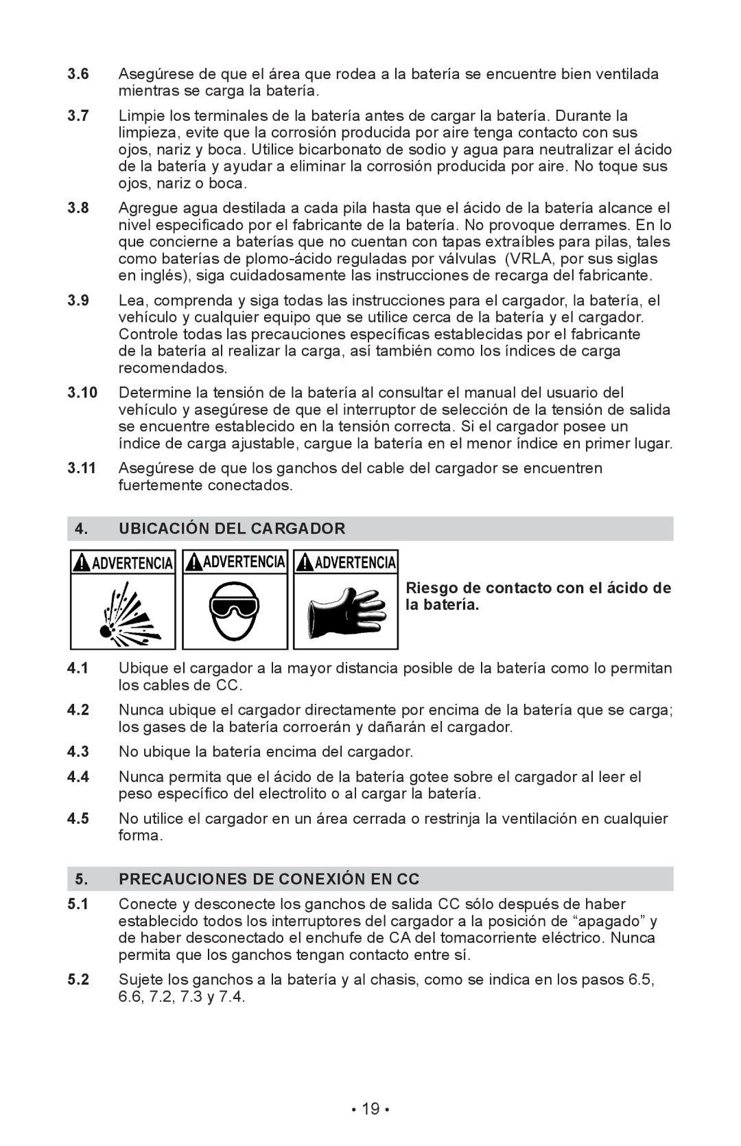 Schumacher SE-4225 Ubicación DEL Cargador, Riesgo de contacto con el ácido de la batería, Precauciones DE Conexión EN CC 