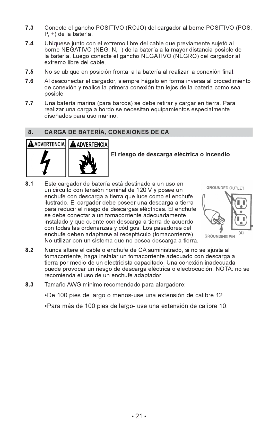 Schumacher SE-4225 owner manual Carga DE BATERÍA, Conexiones DE CA, El riesgo de descarga eléctrica o incendio 