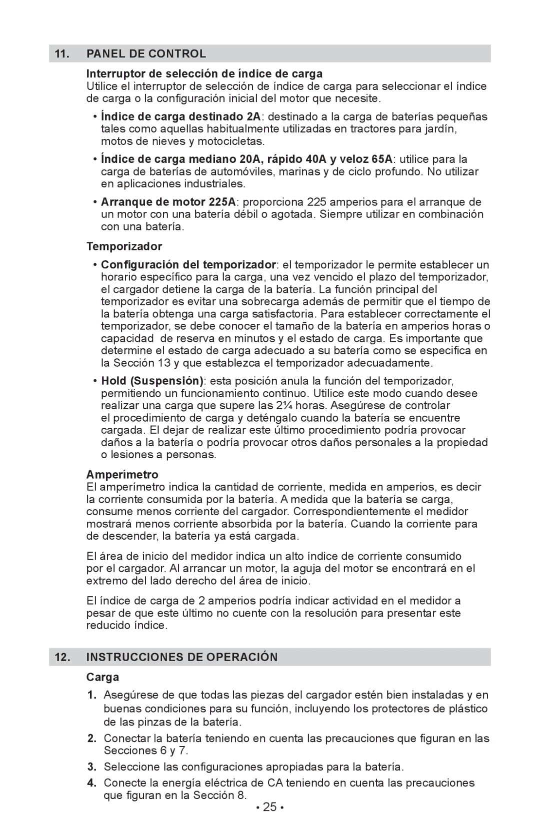 Schumacher SE-4225 Panel DE Control, Interruptor de selección de índice de carga, Instrucciones DE Operación Carga 