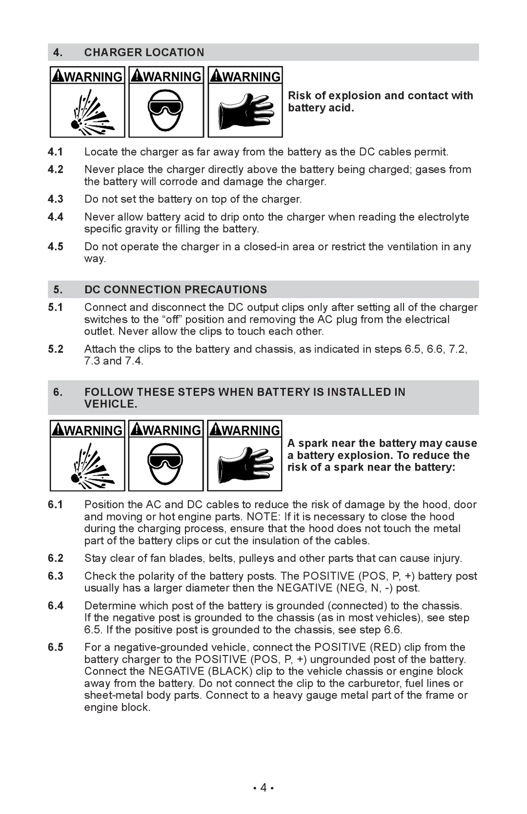 Schumacher SE-4225 Charger Location, Risk of explosion and contact with battery acid, DC Connection Precautions 