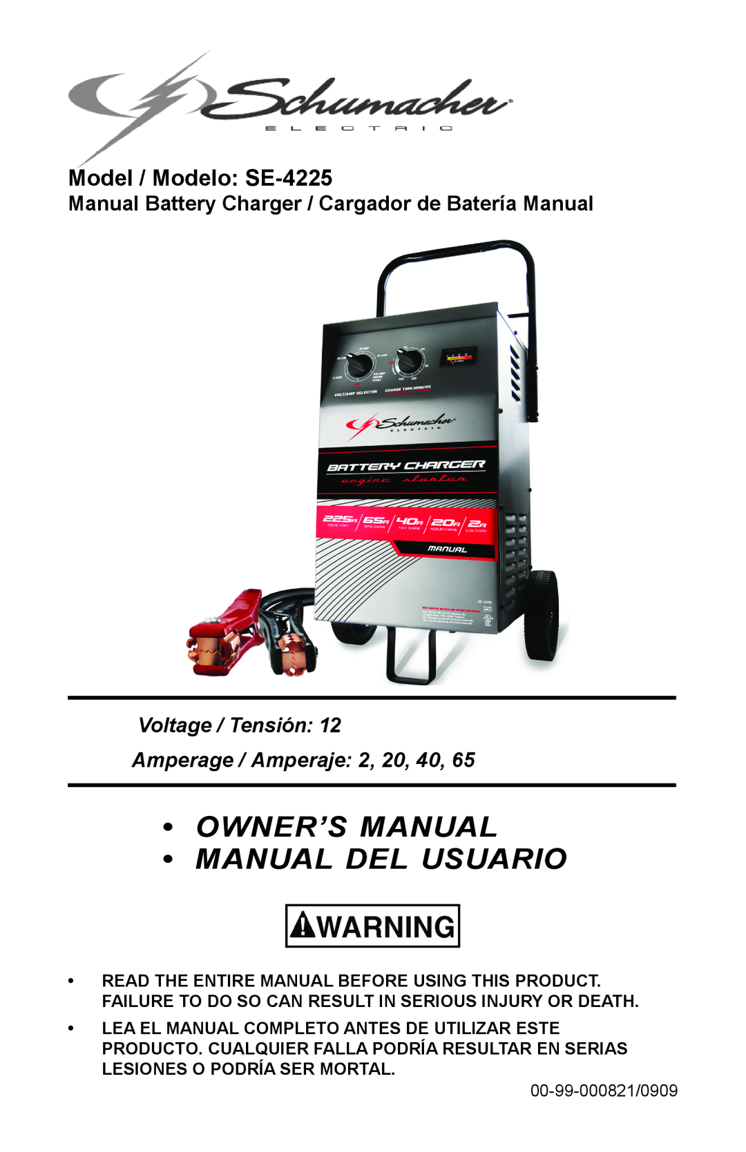Schumacher owner manual Model / Modelo SE-4225, Manual Battery Charger / Cargador de Batería Manual 