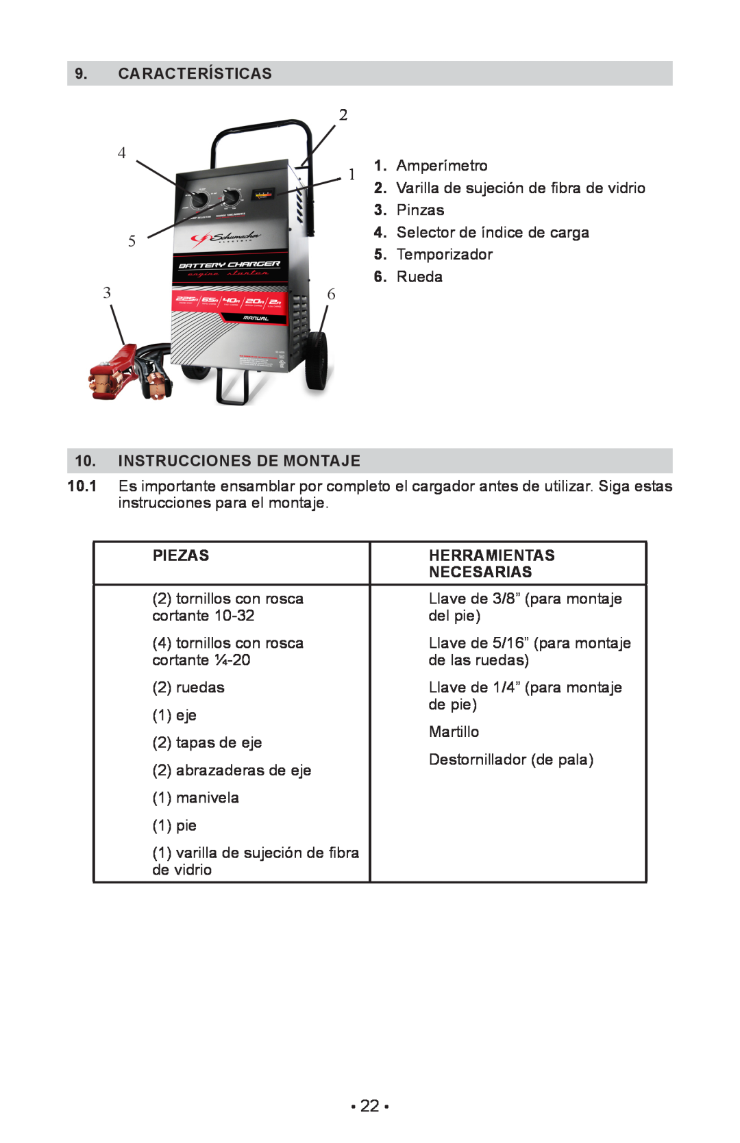 Schumacher SE-4225 Características, Amperímetro, Varilla de sujeción de fibra de vidrio, Pinzas, Temporizador, Rueda 