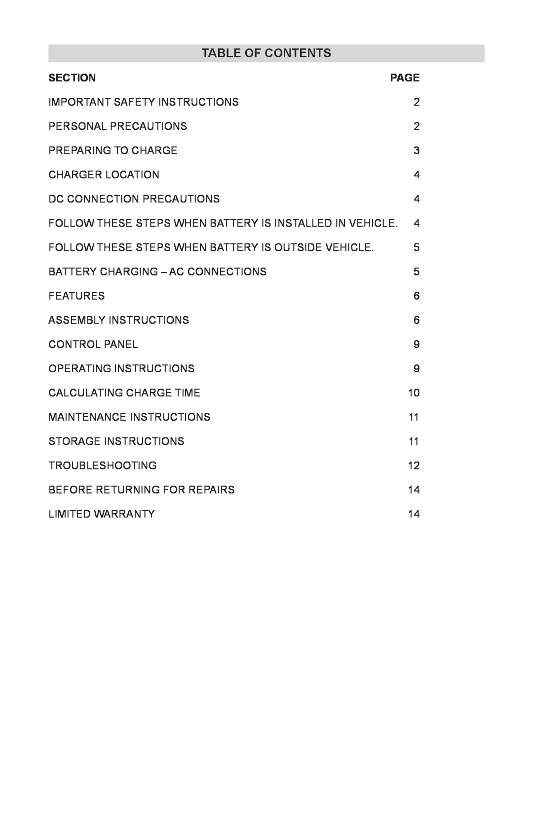 Schumacher SE-4225 owner manual Table of Contents, Section, Page 