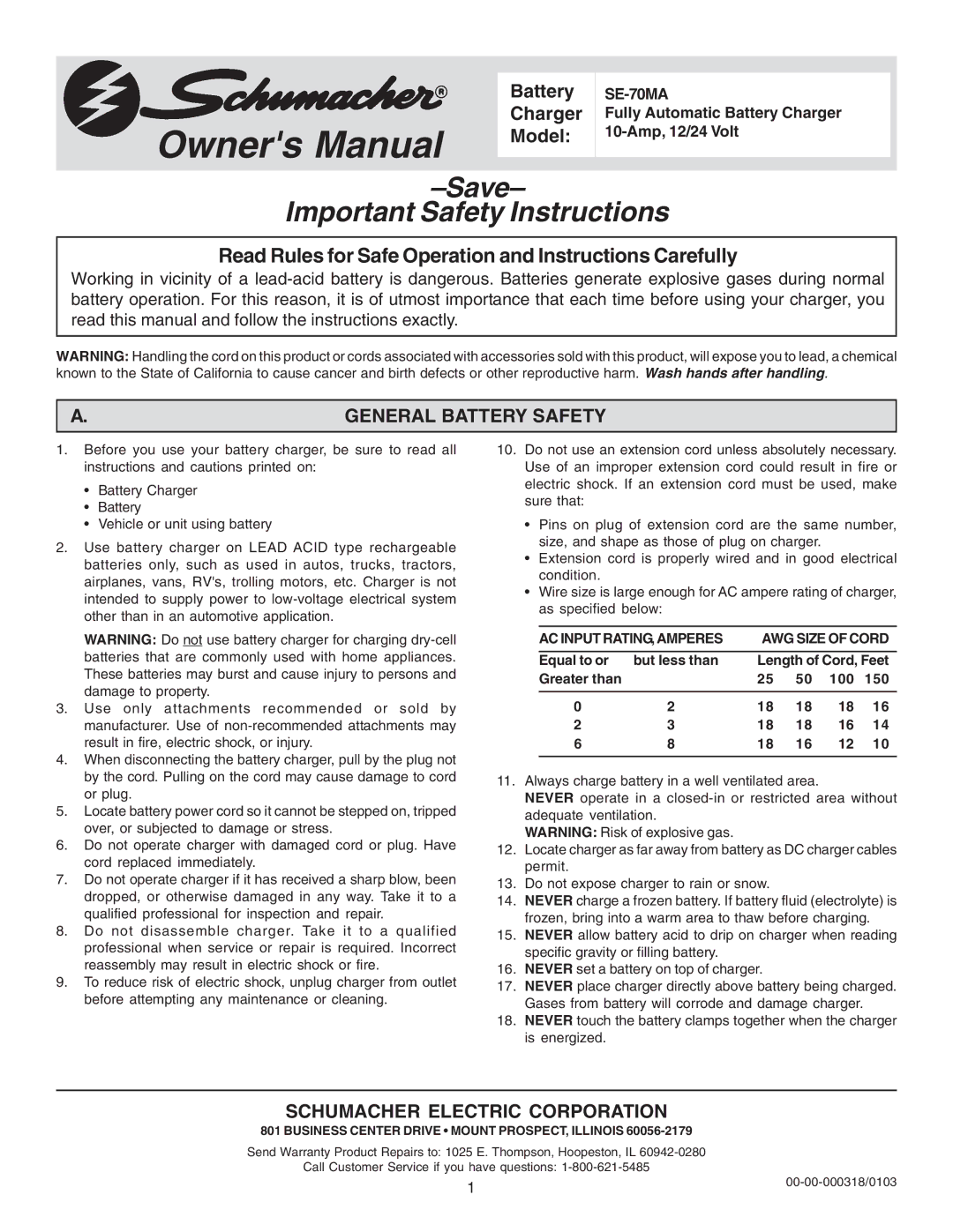 Schumacher SE-70MA owner manual Schumacher Electric Corporation, General Battery Safety 