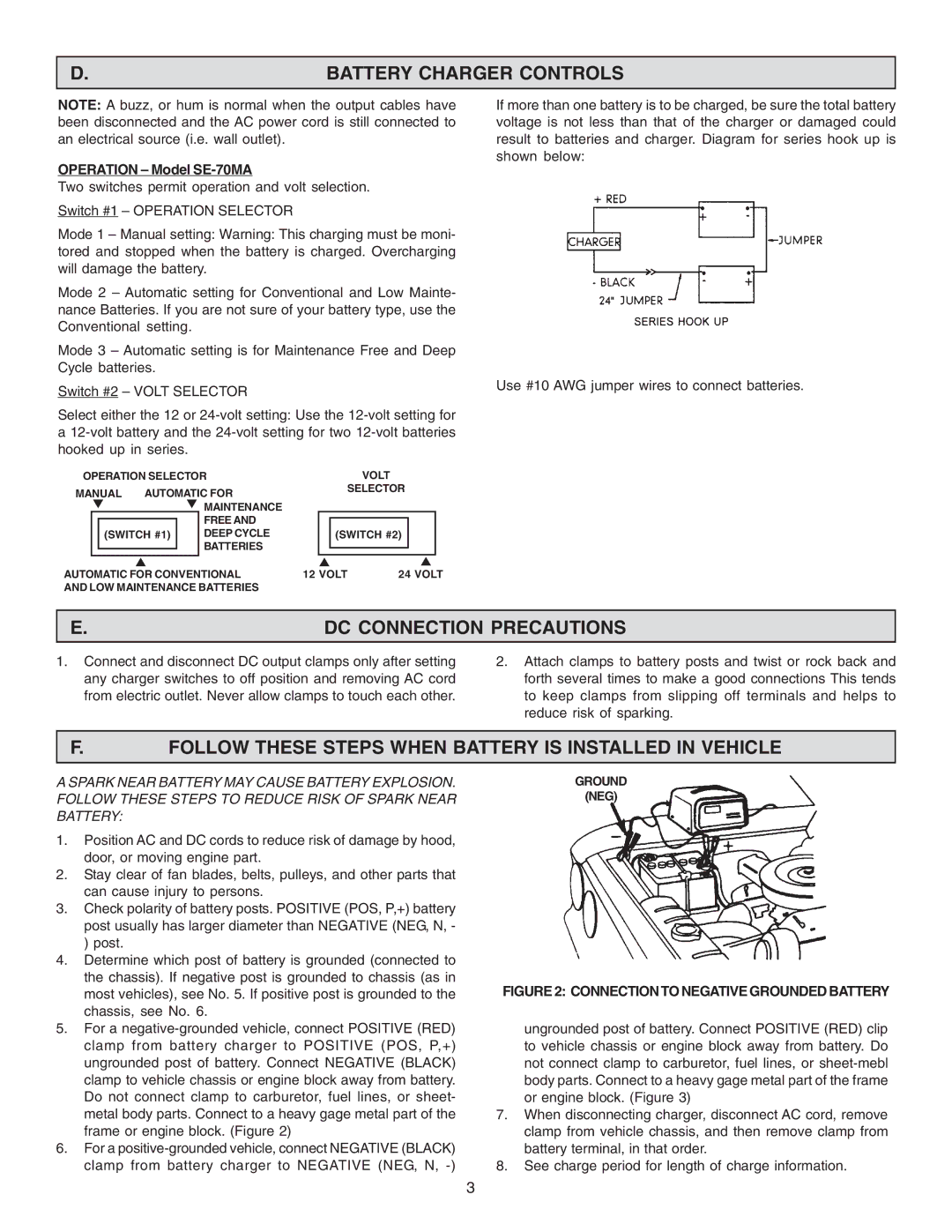 Schumacher SE-70MA DC Connection Precautions, Follow These Steps When Battery is Installed in Vehicle, Ground NEG 