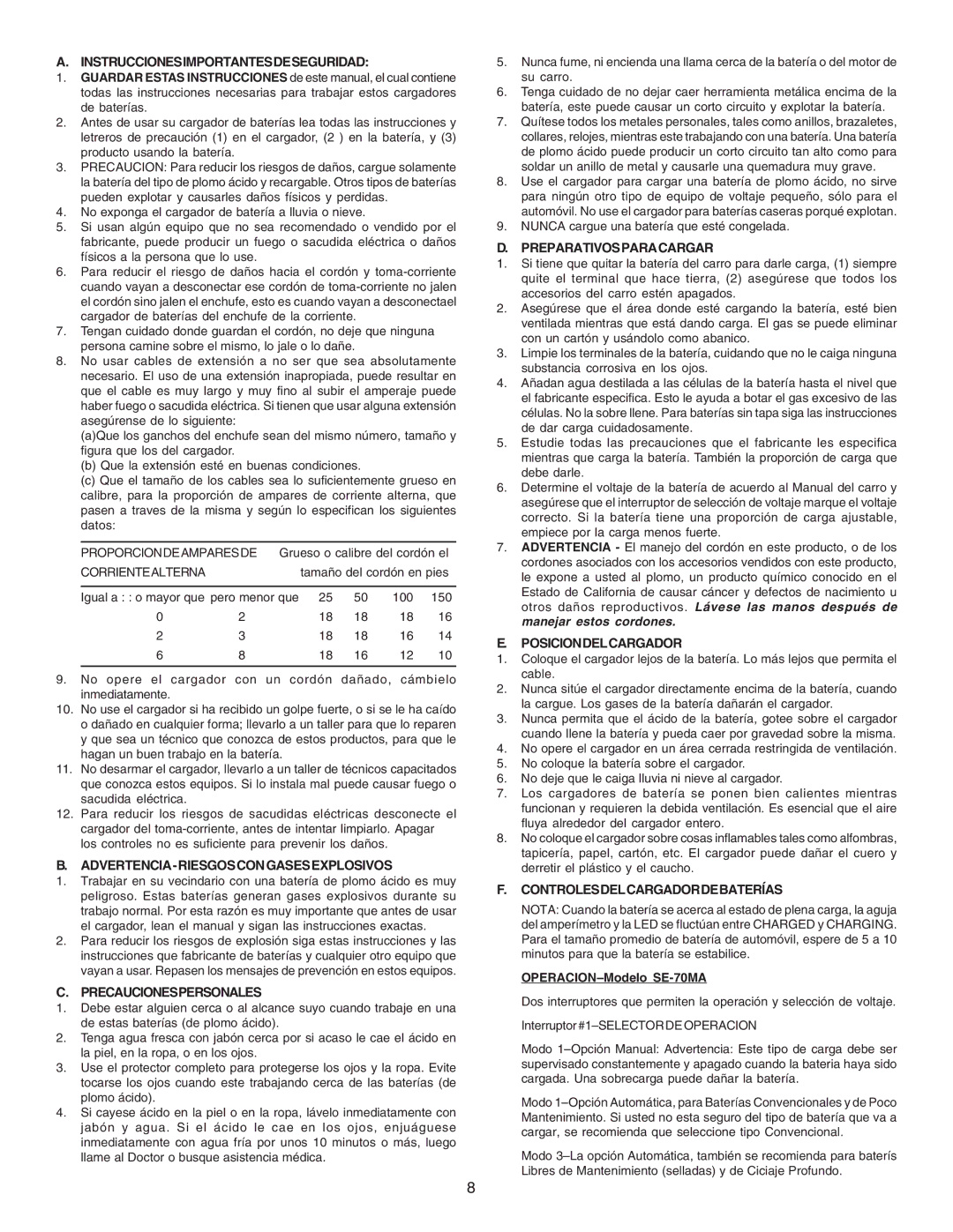 Schumacher SE-70MA Instruccionesimportantesdeseguridad, Advertencia-Riesgoscongasesexplosivos, Precaucionespersonales 