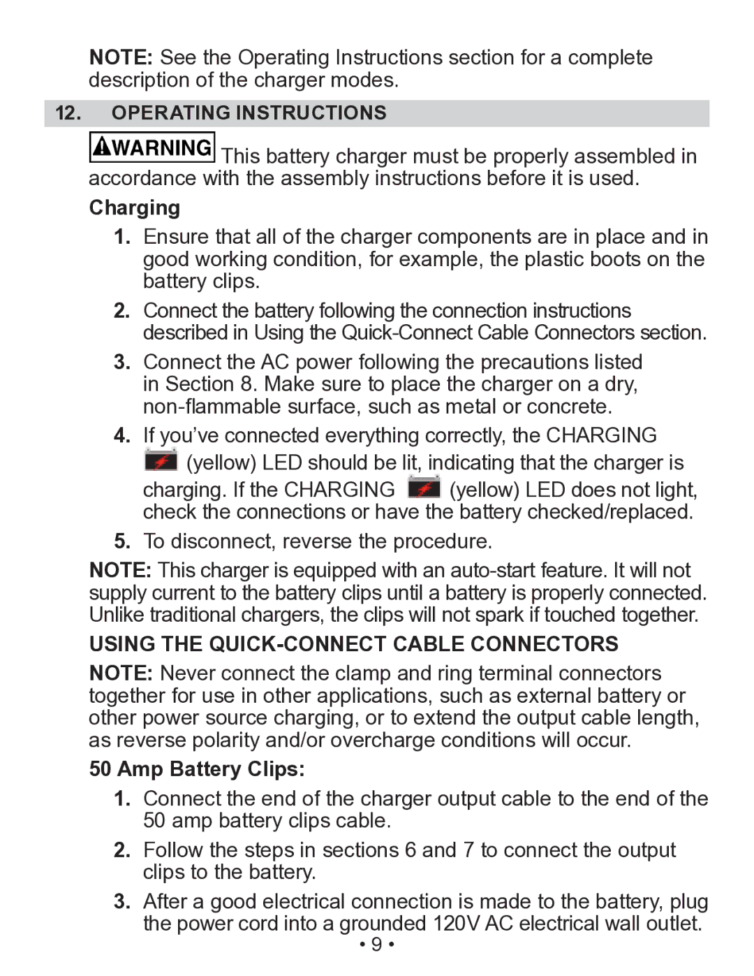 Schumacher SEM-1562A Operating Instructions, Charging, Using the Quick-Connect Cable Connectors Amp Battery Clips 