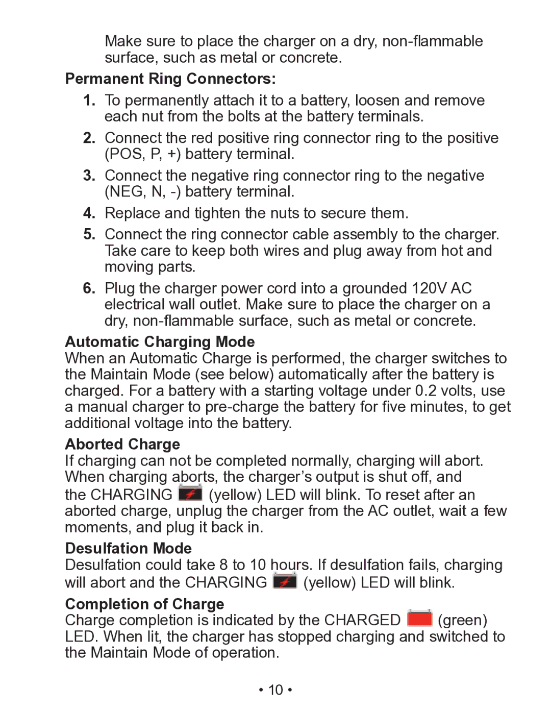 Schumacher SEM-1562A owner manual Permanent Ring Connectors, Automatic Charging Mode, Aborted Charge, Desulfation Mode 