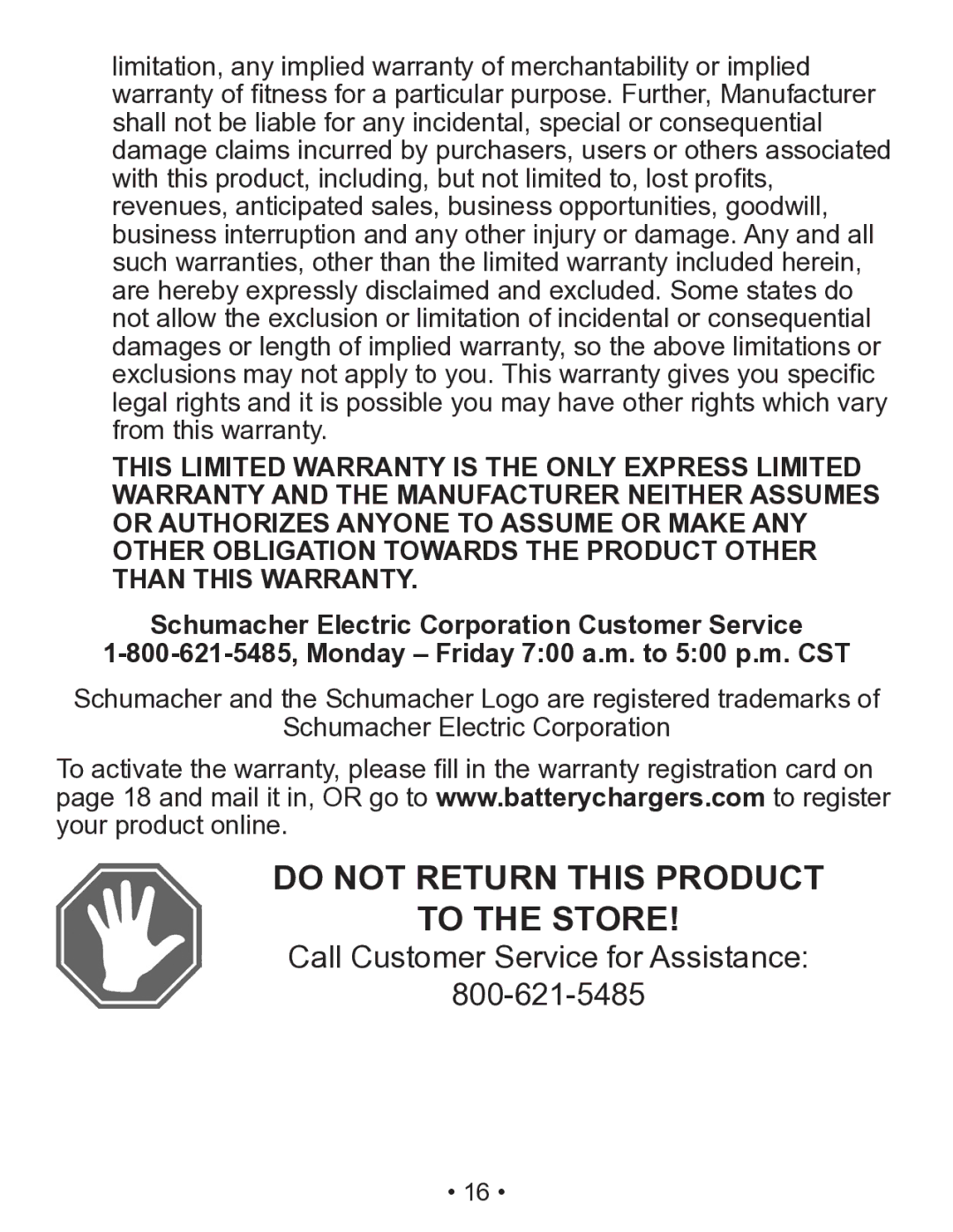 Schumacher SEM-1562A owner manual Do not Return this Product To the Store, Schumacher Electric Corporation Customer Service 