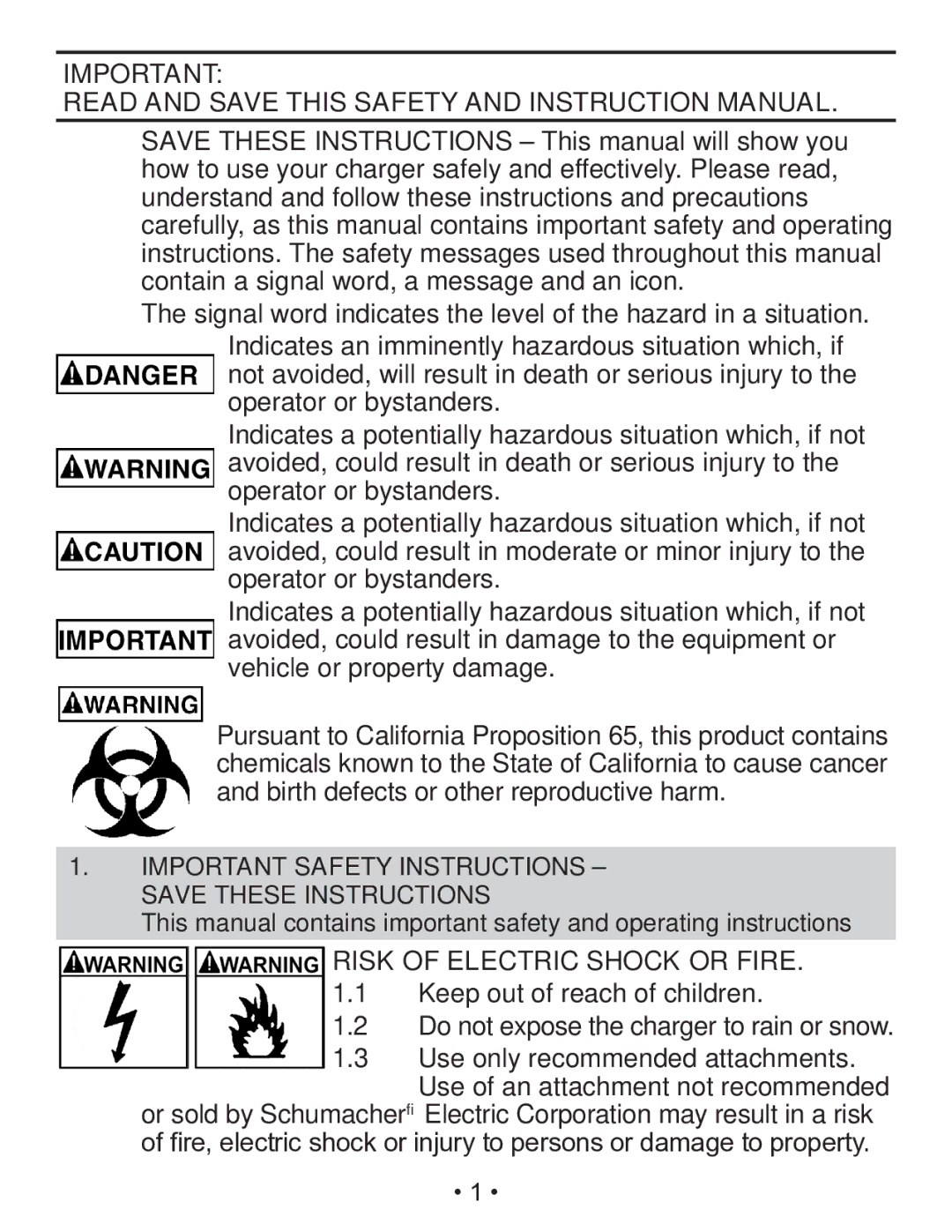 Schumacher SEM-1562A owner manual Important Safety Instructions Save These Instructions, Risk of Electric Shock or Fire 