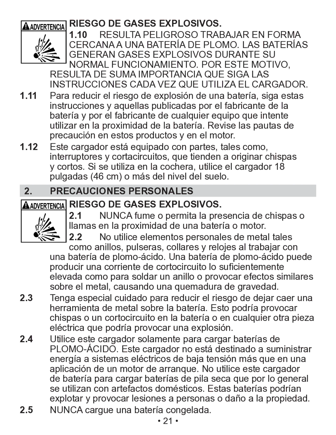 Schumacher SEM-1562A owner manual Precauciones Personales Riesgo DE Gases Explosivos 