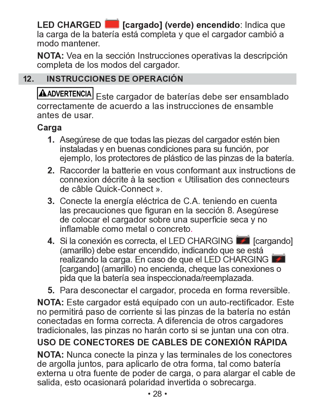 Schumacher SEM-1562A owner manual LED Charged cargado verde encendido Indica que, Instrucciones DE Operación, Carga 