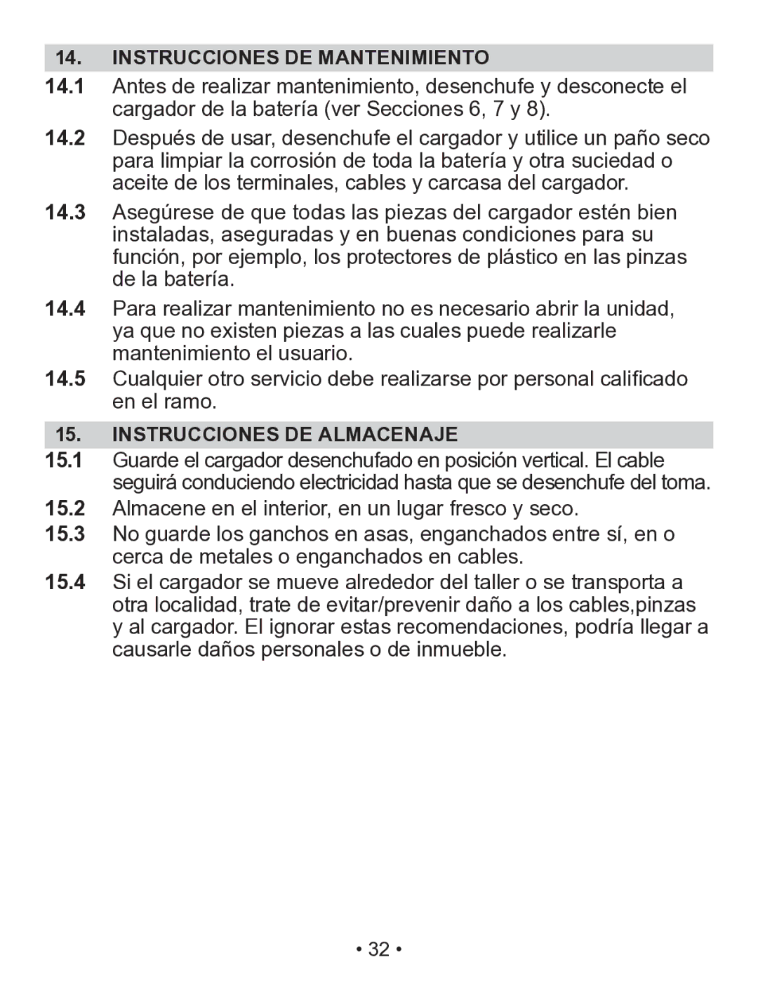 Schumacher SEM-1562A owner manual Instrucciones DE Mantenimiento, Instrucciones DE Almacenaje 