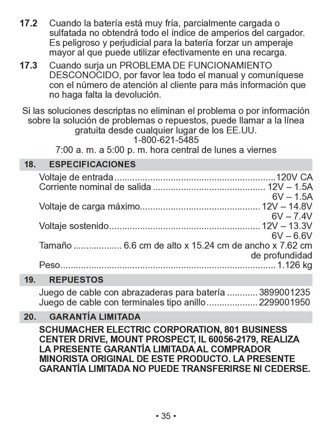 Schumacher SEM-1562A owner manual Especificaciones, Repuestos 