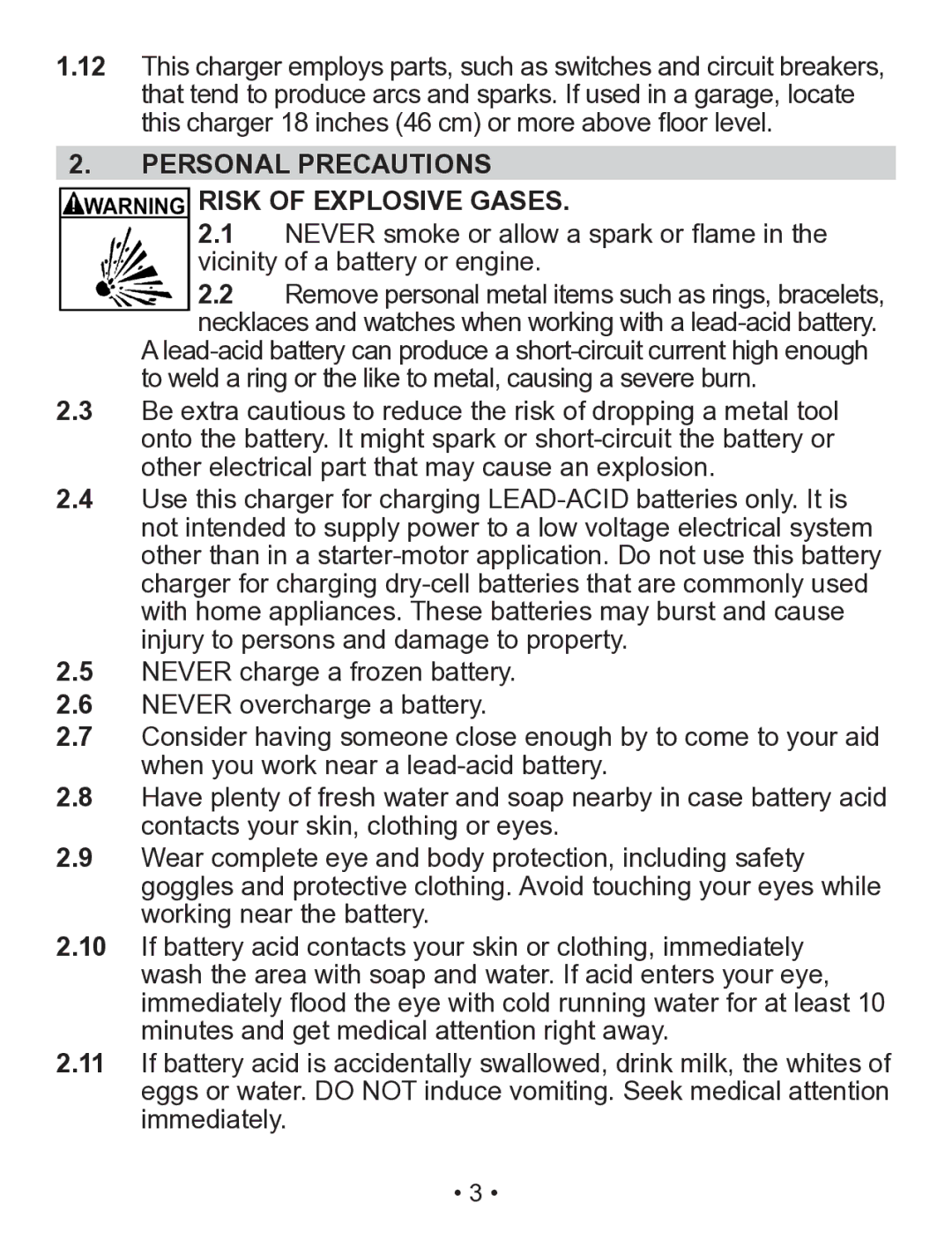 Schumacher SEM-1562A owner manual Personal Precautions Risk of Explosive Gases 