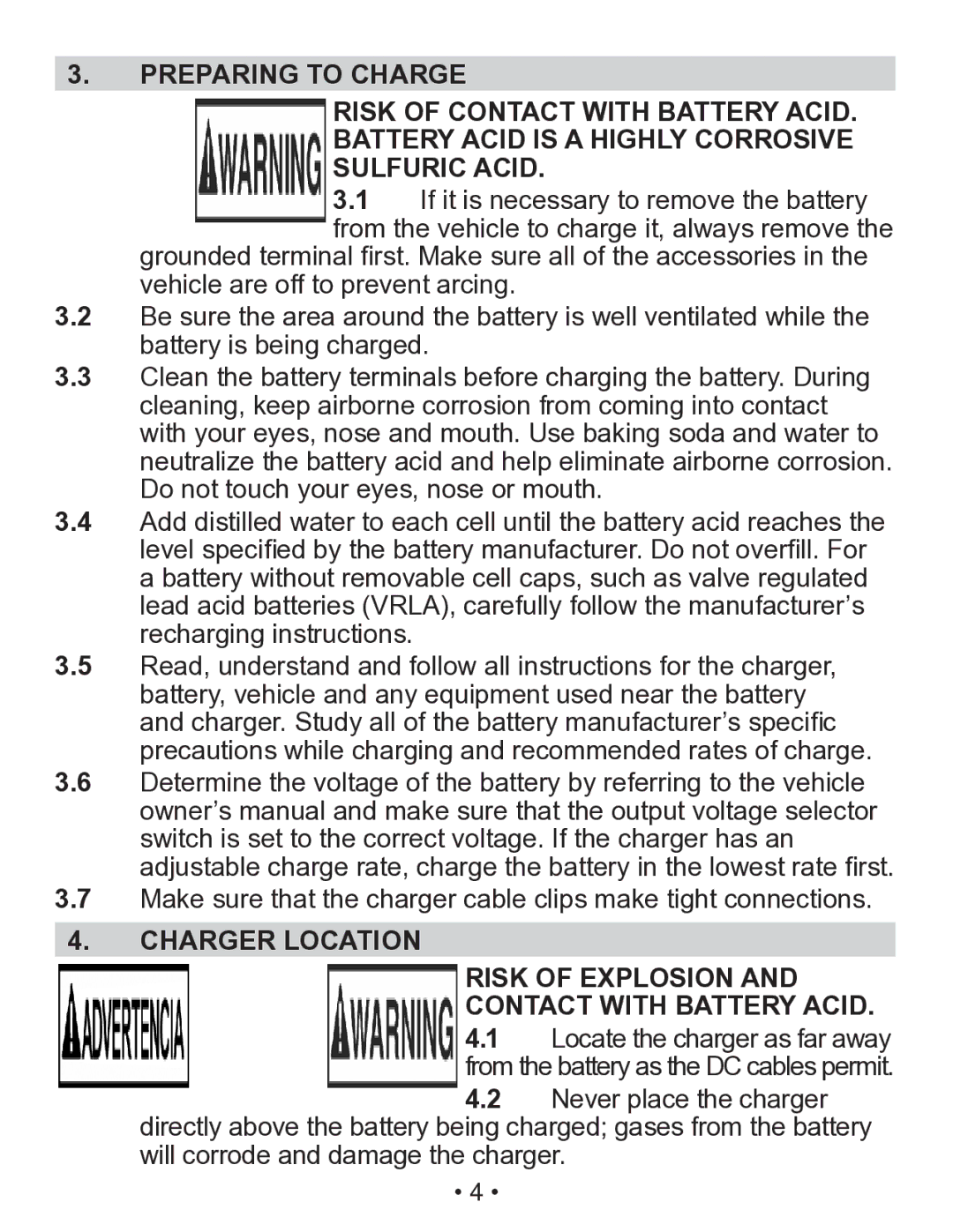 Schumacher SEM-1562A owner manual Charger Location Risk of Explosion Contact with Battery Acid 