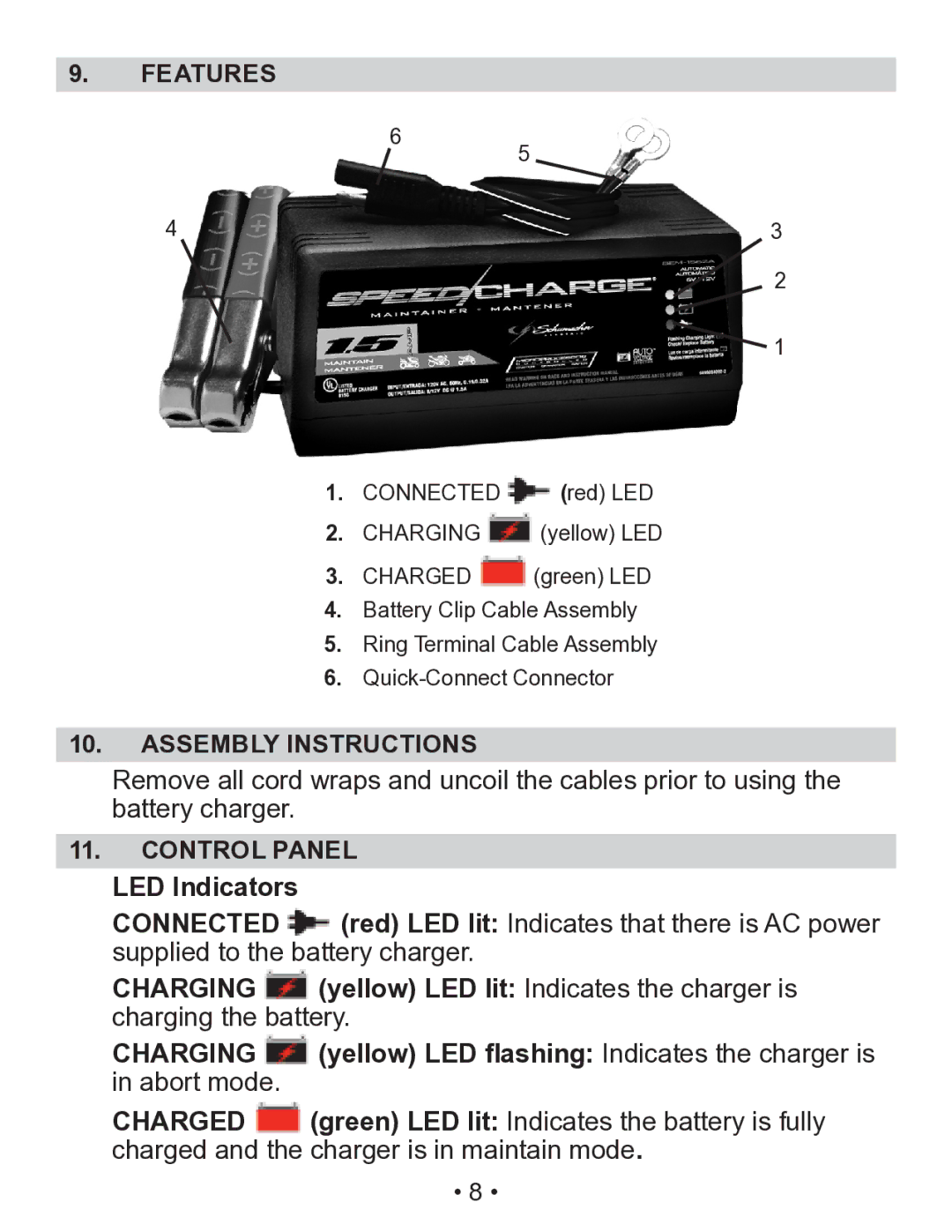 Schumacher SEM-1562A owner manual Features, Assembly Instructions, Control Panel, Connected, Charging, Charged 