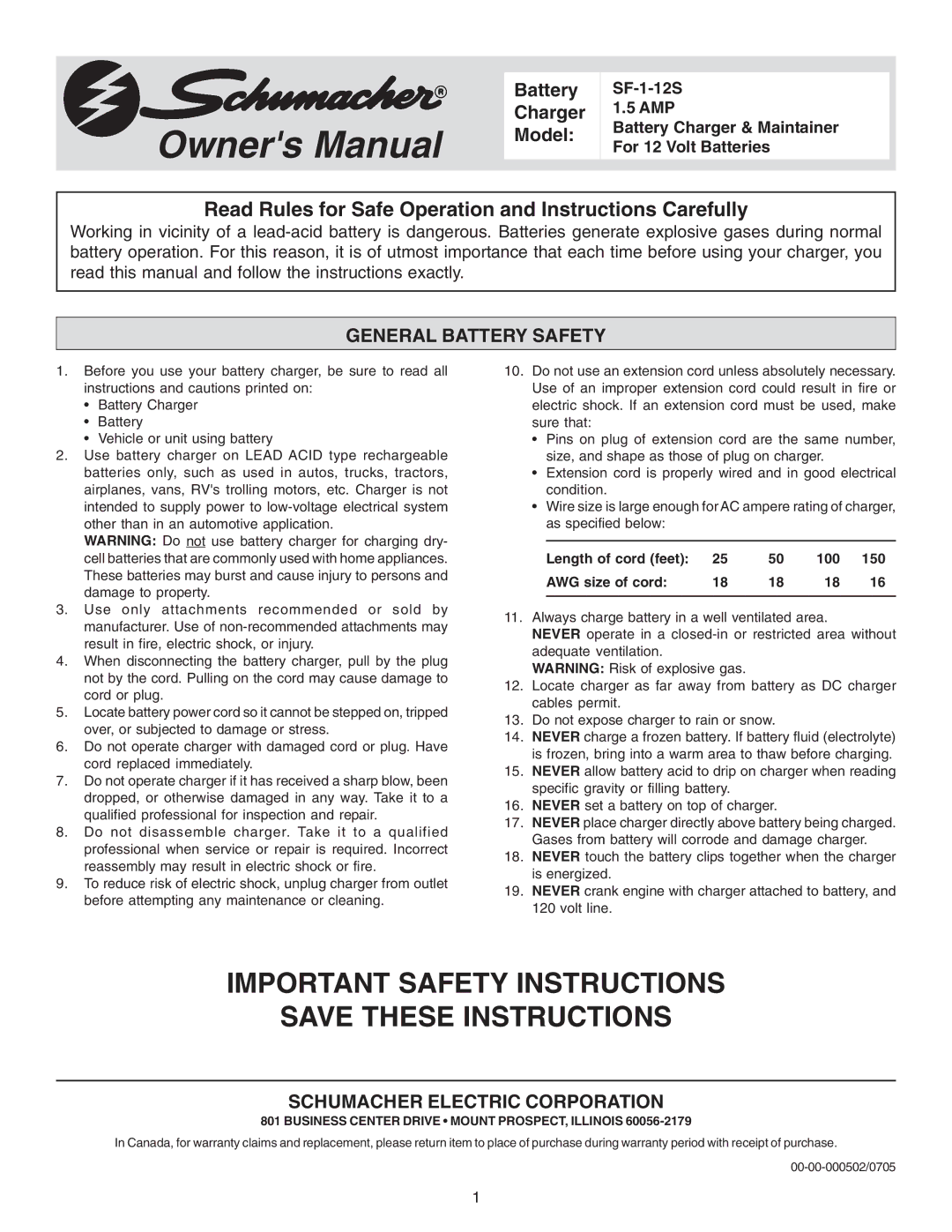 Schumacher SF-1-12S owner manual General Battery Safety, Schumacher Electric Corporation 