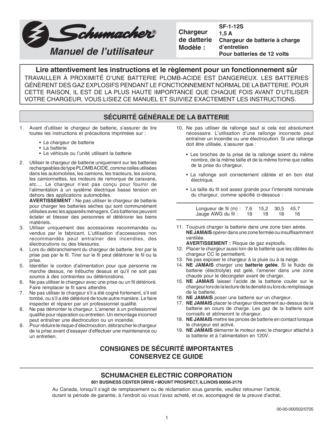 Schumacher SF-1-12S owner manual Manuel de l’utilisateur, Sécurité Générale DE LA Batterie 