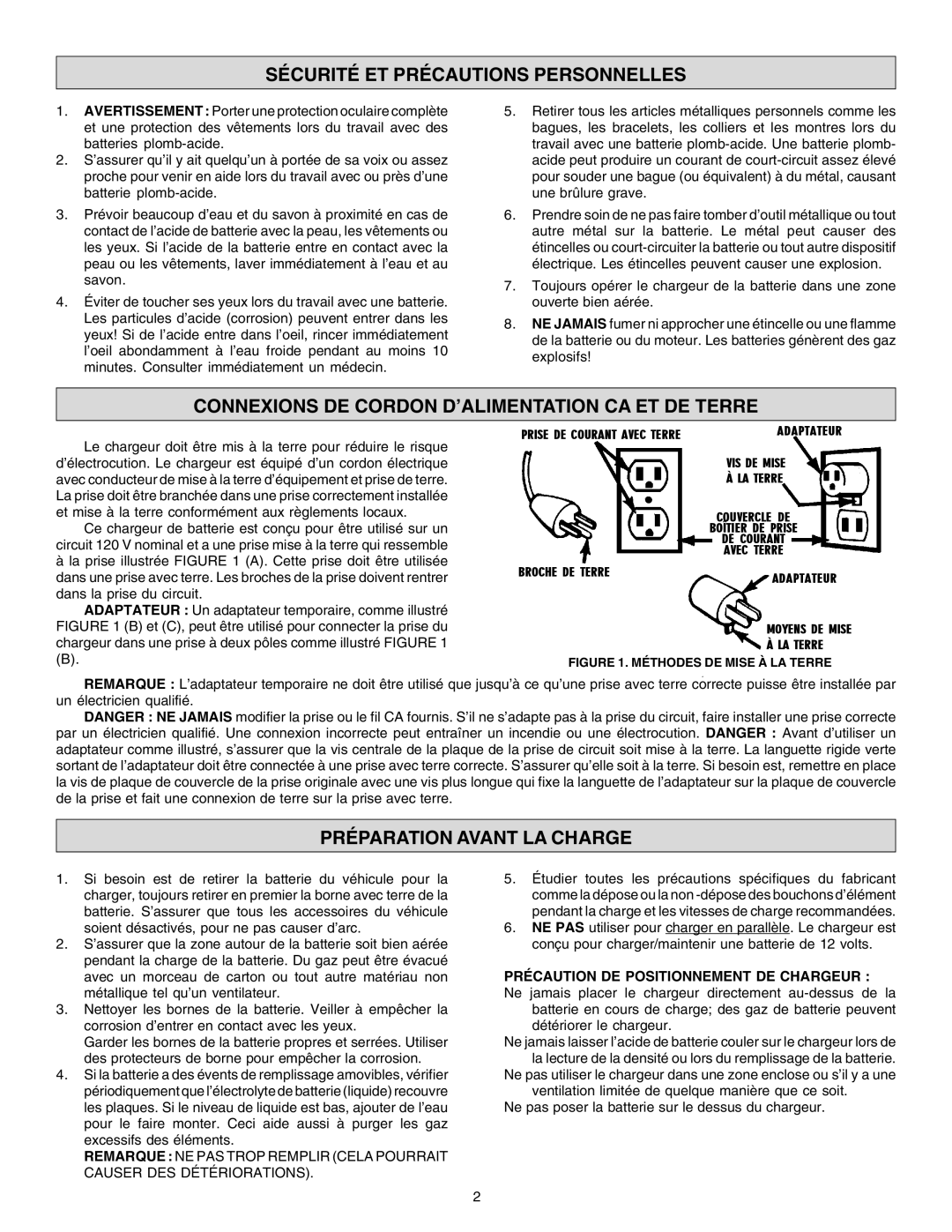 Schumacher SF-1-12S owner manual Sécurité ET Précautions Personnelles, Connexions DE Cordon D’ALIMENTATION CA ET DE Terre 