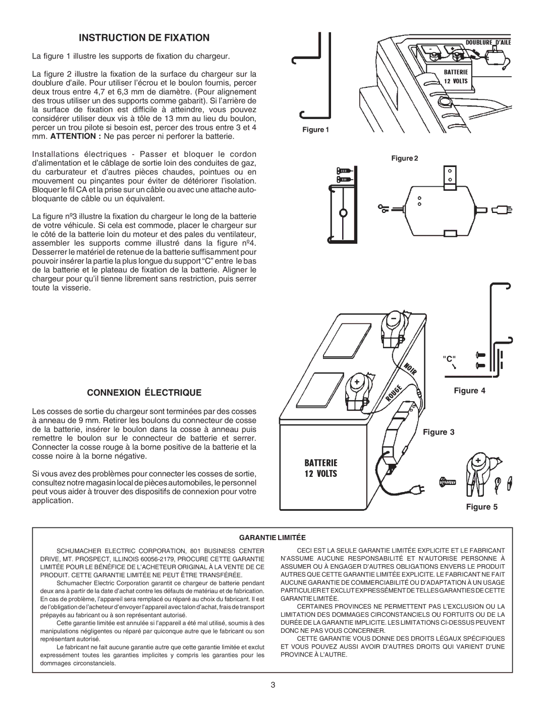 Schumacher SF-1-12S owner manual Instruction DE Fixation, Noir, Connexion Électrique, Garantie Limitée 