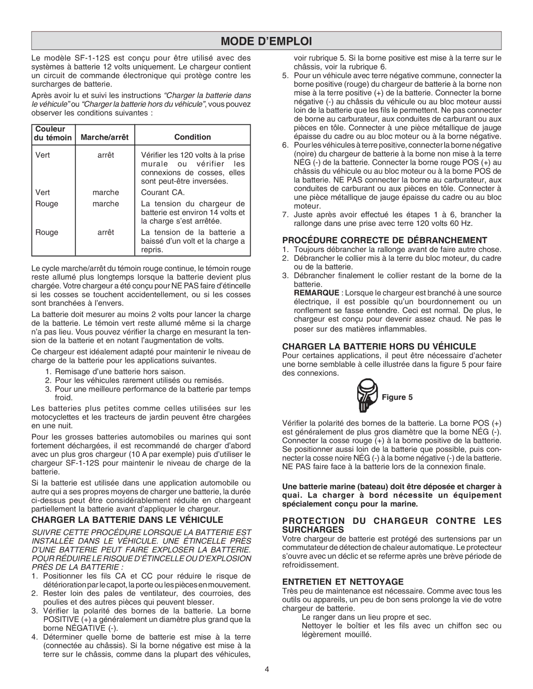 Schumacher SF-1-12S Charger LA Batterie Dans LE Véhicule, Procédure Correcte DE Débranchement, Entretien ET Nettoyage 