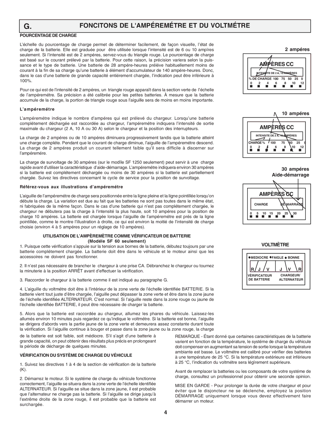 Schumacher SF 1010-2, SF 1052, SF 1012D, SF-60, SF 1250, MCF-1 owner manual Foncitons DE Lampéremétre ET DU Voltmétre, Voltmètre 