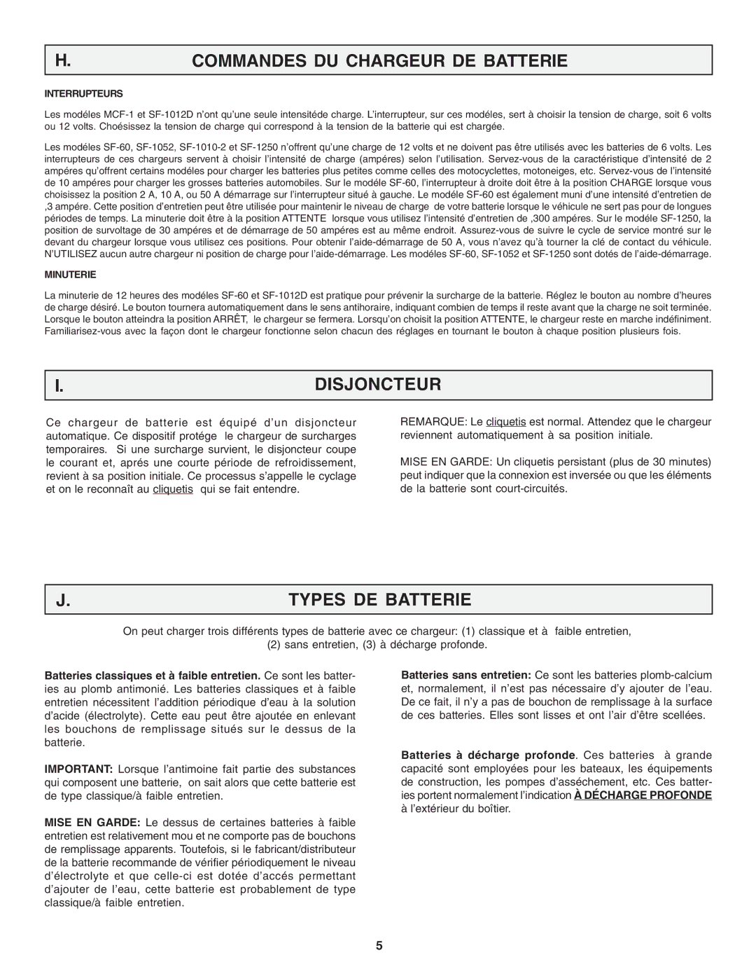 Schumacher MCF-1, SF 1052 Commandes DU Chargeur DE Batterie, Disjoncteur, Types DE Batterie, Interrupteurs, Minuterie 