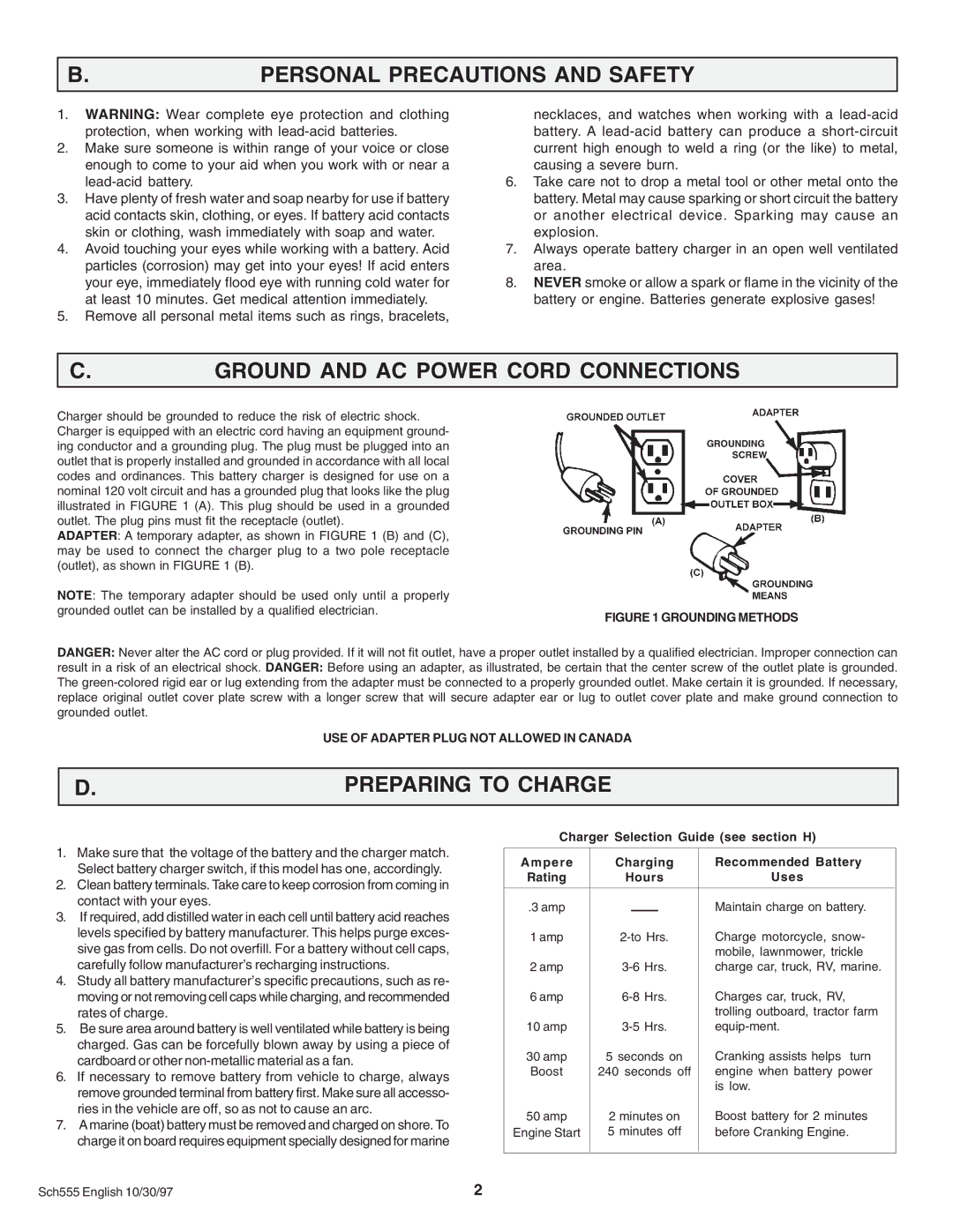 Schumacher SF-60, SF 1052, MCF-1 Personal Precautions and Safety, Ground and AC Power Cord Connections, Preparing to Charge 