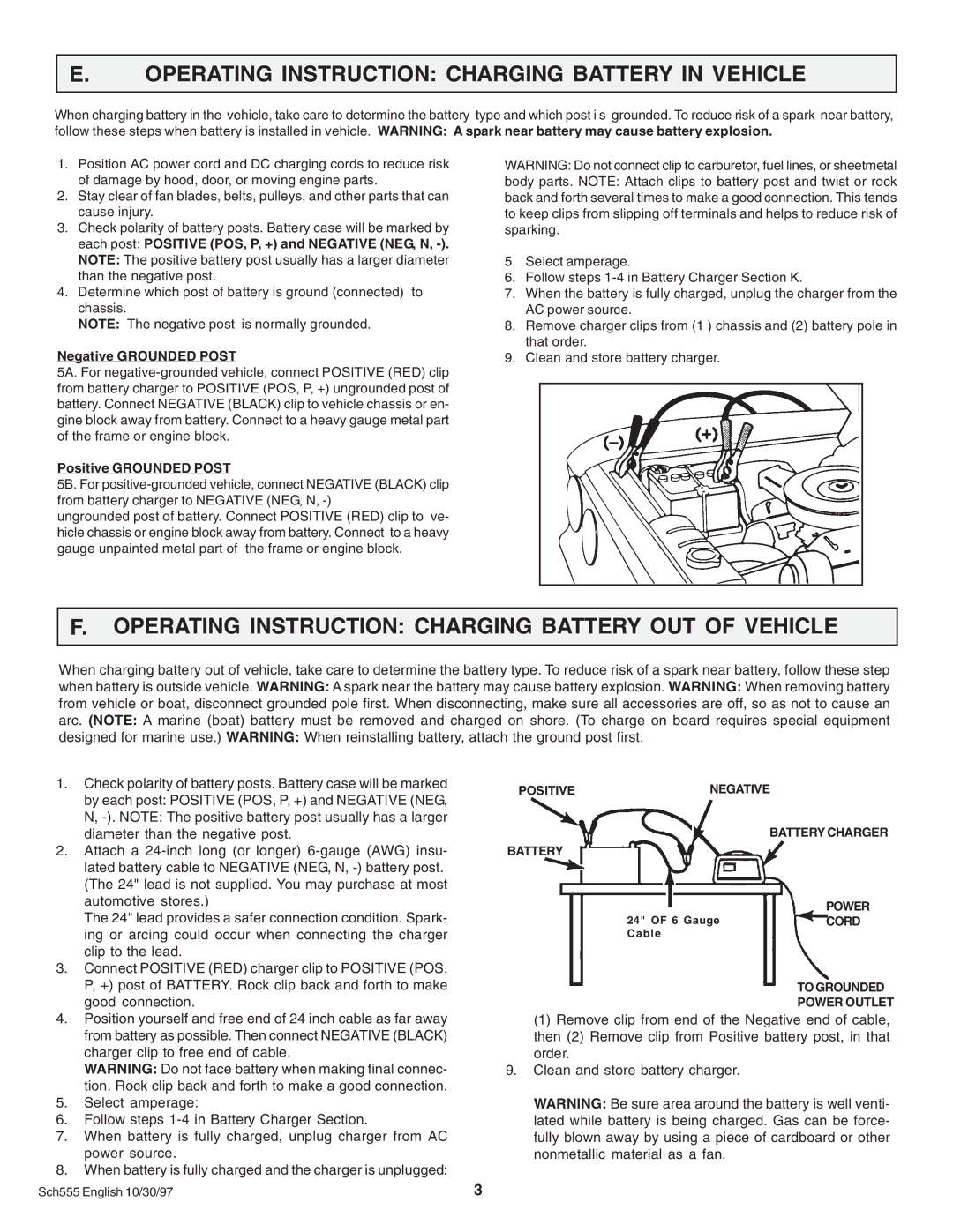 Schumacher SF 1250, SF 1052 Operating Instruction Charging Battery in Vehicle, Positivenegative Battery Charger Power 