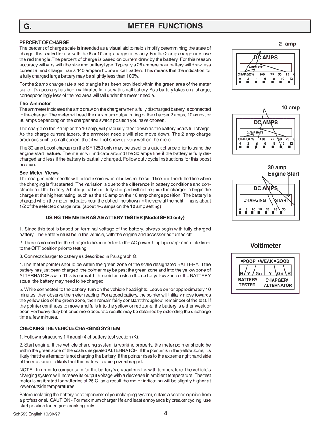 Schumacher SF 1010-2, SF 1052, SF 1012D, SF-60 Meter Functions, Percent of Charge, Checking the Vehicle Charging System 