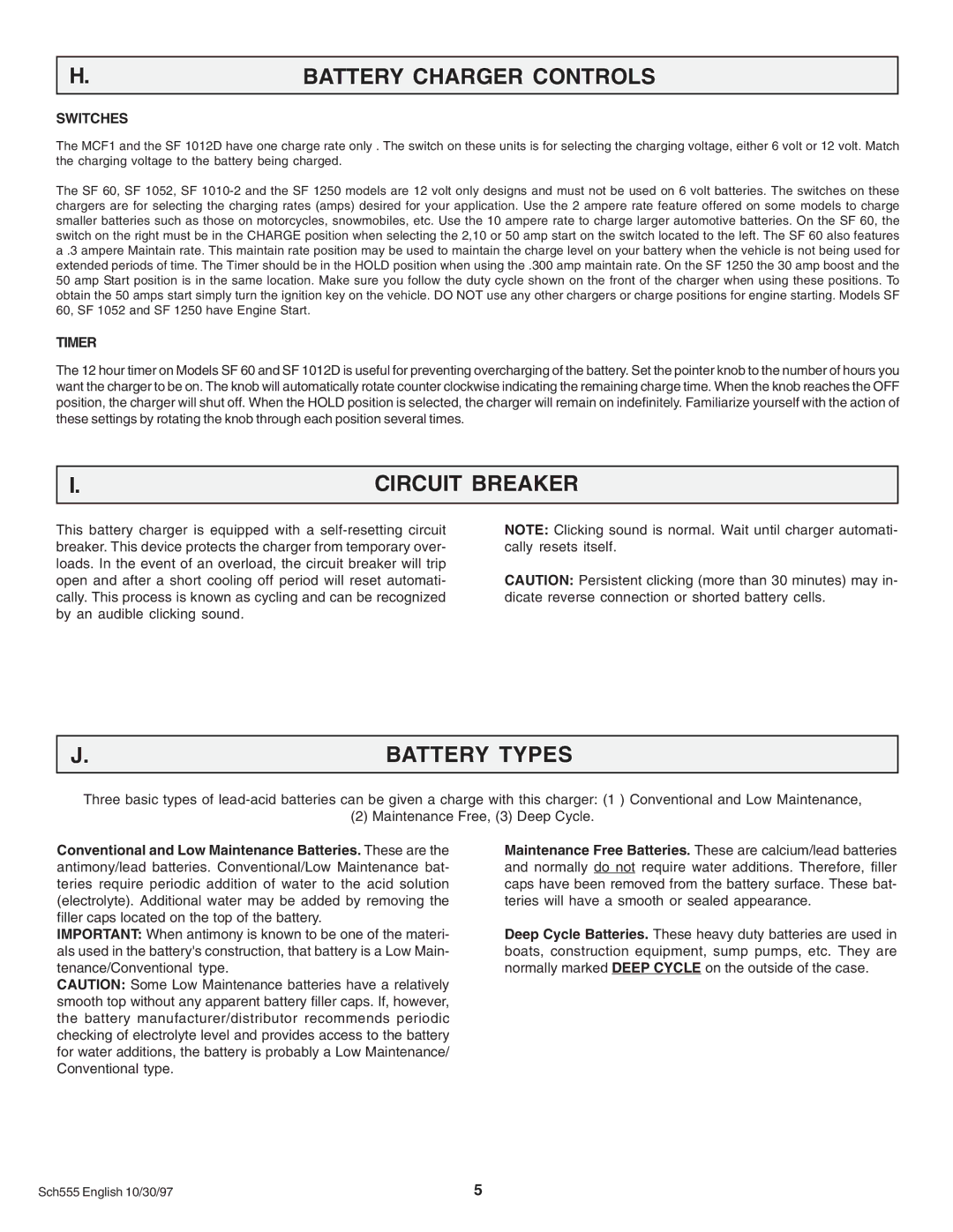 Schumacher MCF-1, SF 1052, SF 1012D, SF-60, SF 1250 Battery Charger Controls, Circuit Breaker, Battery Types, Switches, Timer 