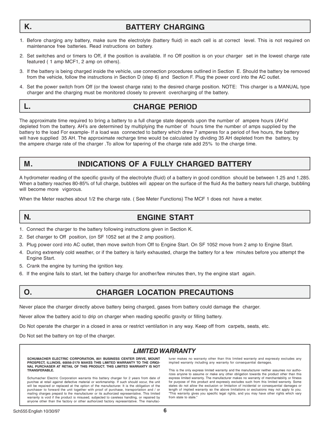 Schumacher SF 1052, SF 1012D, SF-60 Battery Charging, Charge Period, Indications of a Fully Charged Battery, Engine Start 