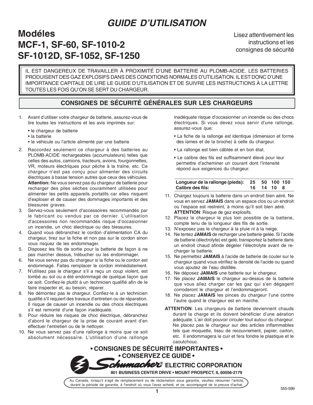 Schumacher SF 1012D, SF 1052 Consignes DE Sécurité Générales SUR LES Chargeurs, Business Center Drive Mount PROSPECT, IL 