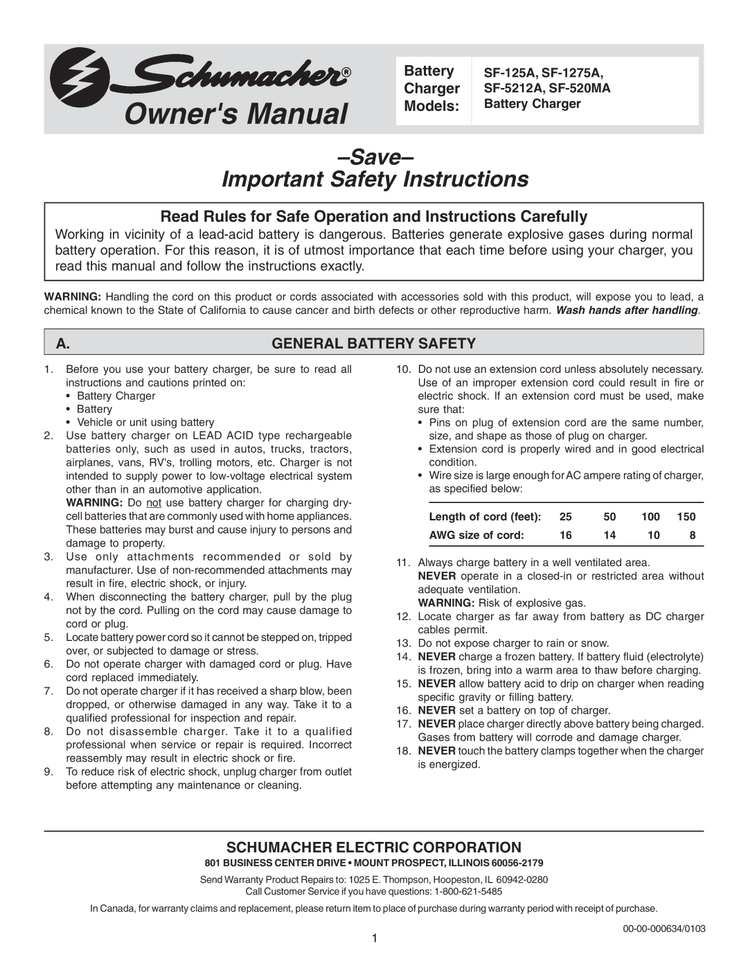 Schumacher SF-5212A, SF-1275A, SF-125A, SF-520MA owner manual General Battery Safety, Schumacher Electric Corporation 