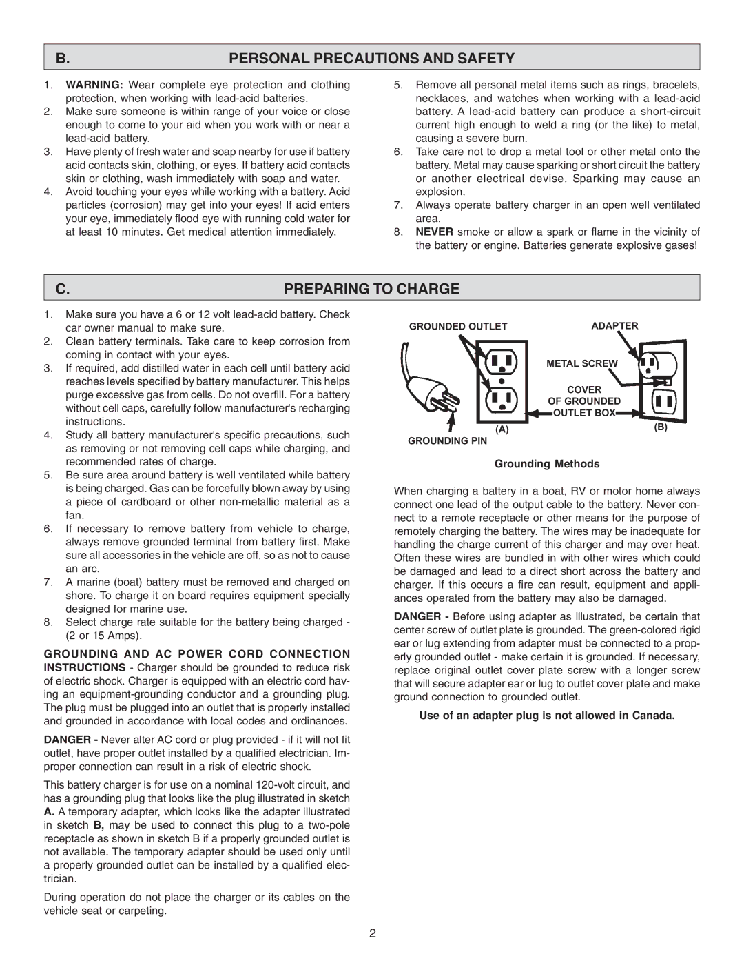 Schumacher SF-125A, SF-1275A Personal Precautions and Safety, Preparing to Charge, Grounding and AC Power Cord Connection 