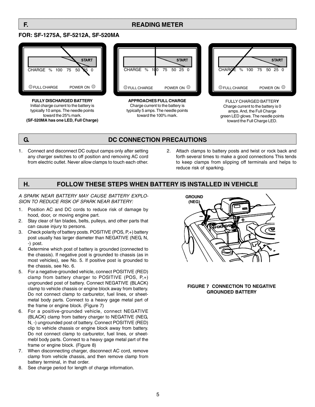 Schumacher SF-5212A Reading Meter, DC Connection Precautions, Follow These Steps When Battery is Installed in Vehicle 