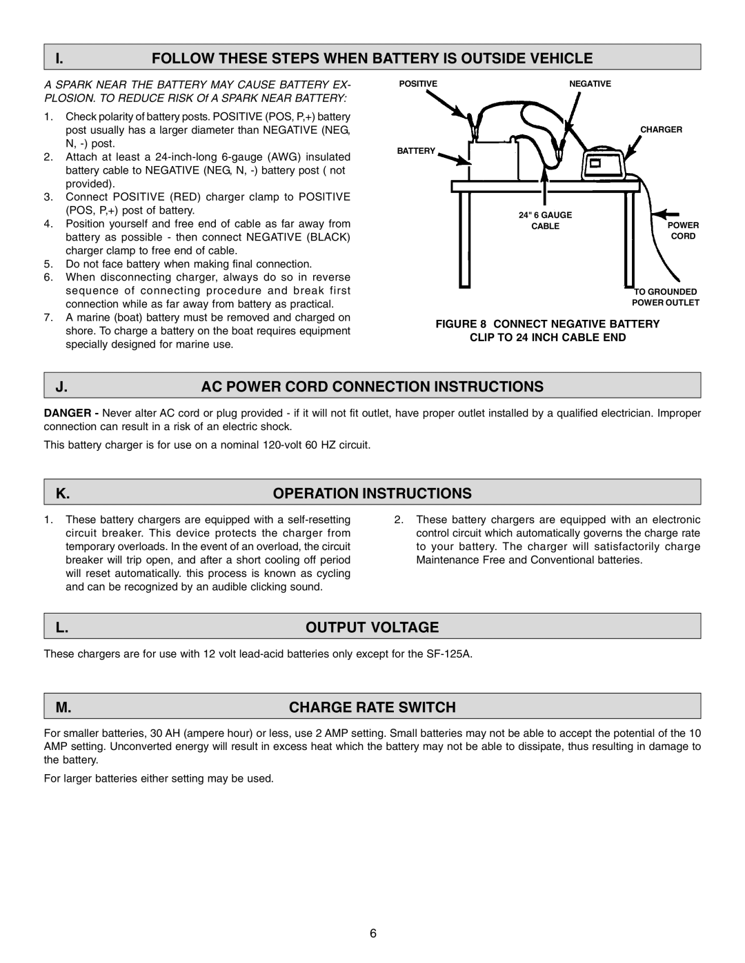 Schumacher SF-125A, SF-1275A Follow These Steps When Battery is Outside Vehicle, AC Power Cord Connection Instructions 