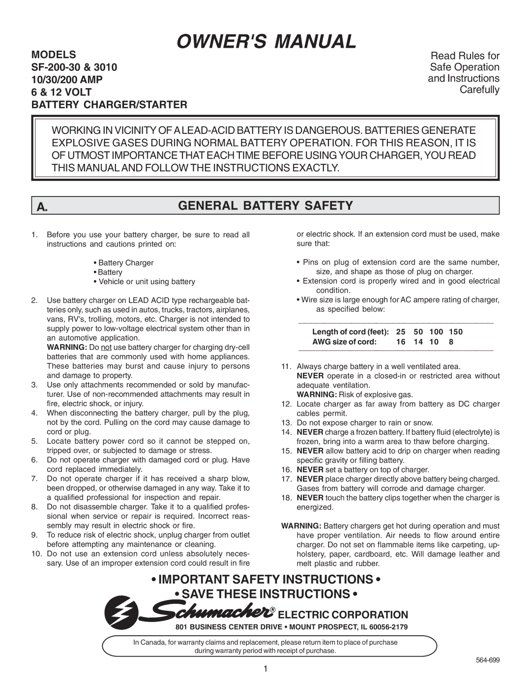 Schumacher SF-200-30 owner manual General Battery Safety, Important Safety Instructions, Models, Battery CHARGER/STARTER 