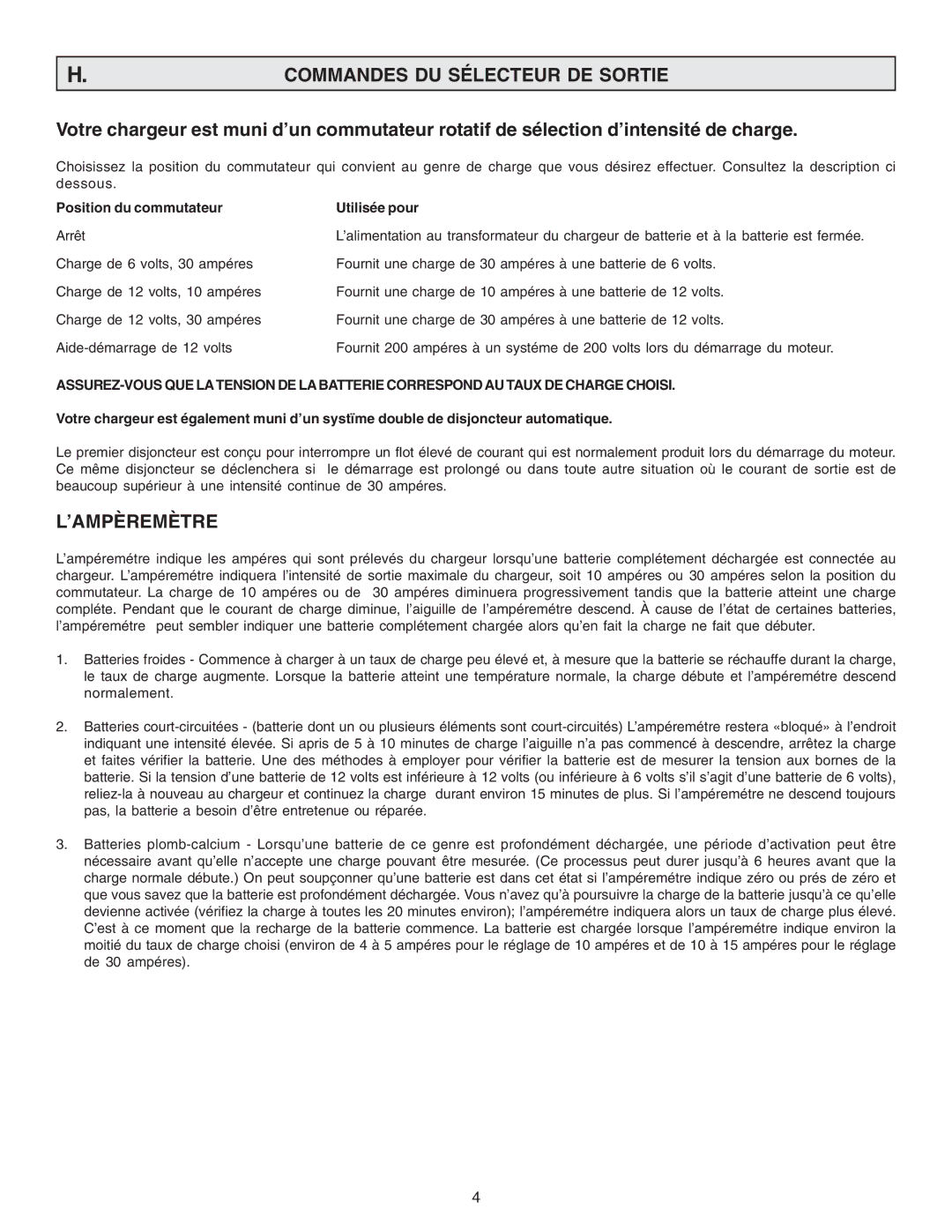 Schumacher SF-200-30 owner manual Commandes DU Sélecteur DE Sortie, ’Ampèremètre, Position du commutateur, Utilisée pour 