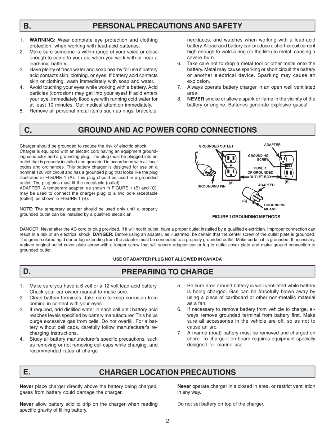 Schumacher SF-200-30 Personal Precautions and Safety, Ground and AC Power Cord Connections, Preparing to Charge 