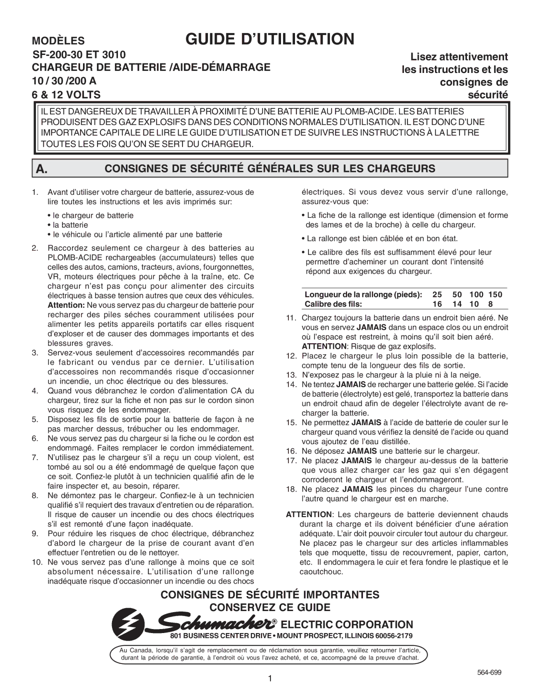 Schumacher SF-200-30 Modèles, Chargeur DE Batterie /AIDE-DÉMARRAGE, Consignes DE Sécurité Générales SUR LES Chargeurs 