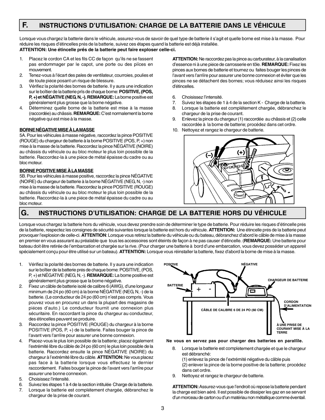 Schumacher SF-200-30 owner manual Borne Négative Mise À Lamasse, Borne Positive Mise À LA Masse 